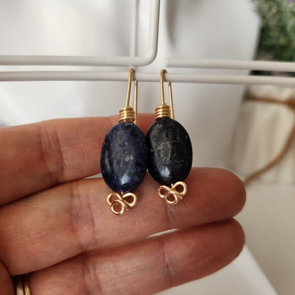 Blue Sodalite Stone Gold Wire Dangle Earrings / Minimalist Boho Style Earrings - Picture 10 of 11